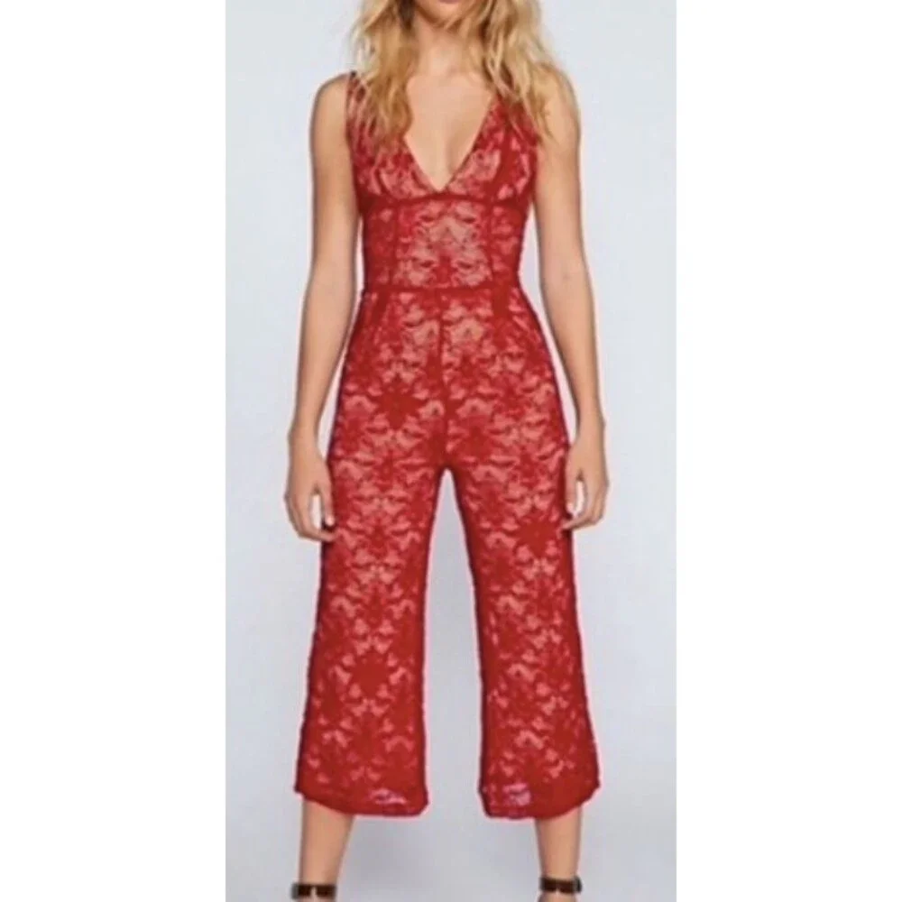 Nightcap Free People Fleur Lace Jumpsuit Red V Neck Stretchy Anthropologie 2 - Picture 2 of 14